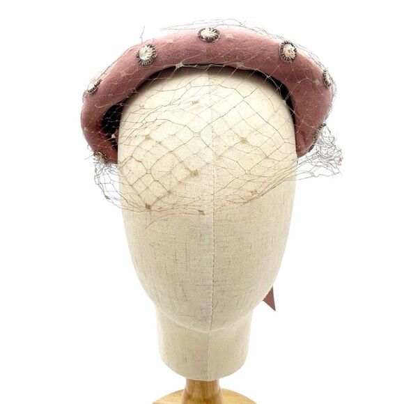 Vintage 1950s Sequin Bead Studded Pink Velour Mesh Veiled Juliet Cap Hat Beret - Picture 7 of 15